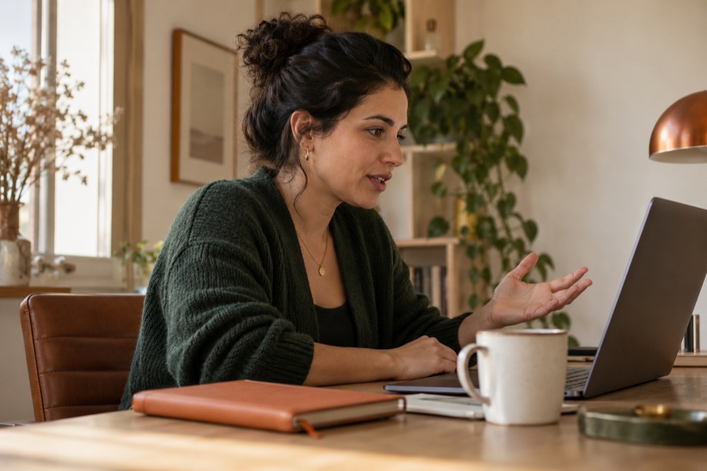 An adult gathering her thoughts during a video interview